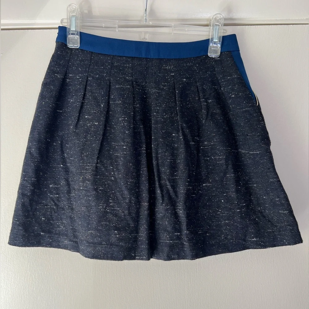 Chloé Girls Skirt Pleat Front Cotton Navy Blue Heather Black Metallic Gold Trim